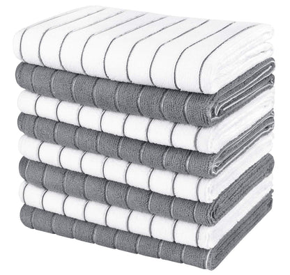 AIDEA Kitchen Towels-8PK, Super Soft and Absorbent Drying Towels for Dishes, Microfiber Cleaning Cloth Multi-Purpose Dish Towels for Kitchen, Home-Grey/White -18”x26”