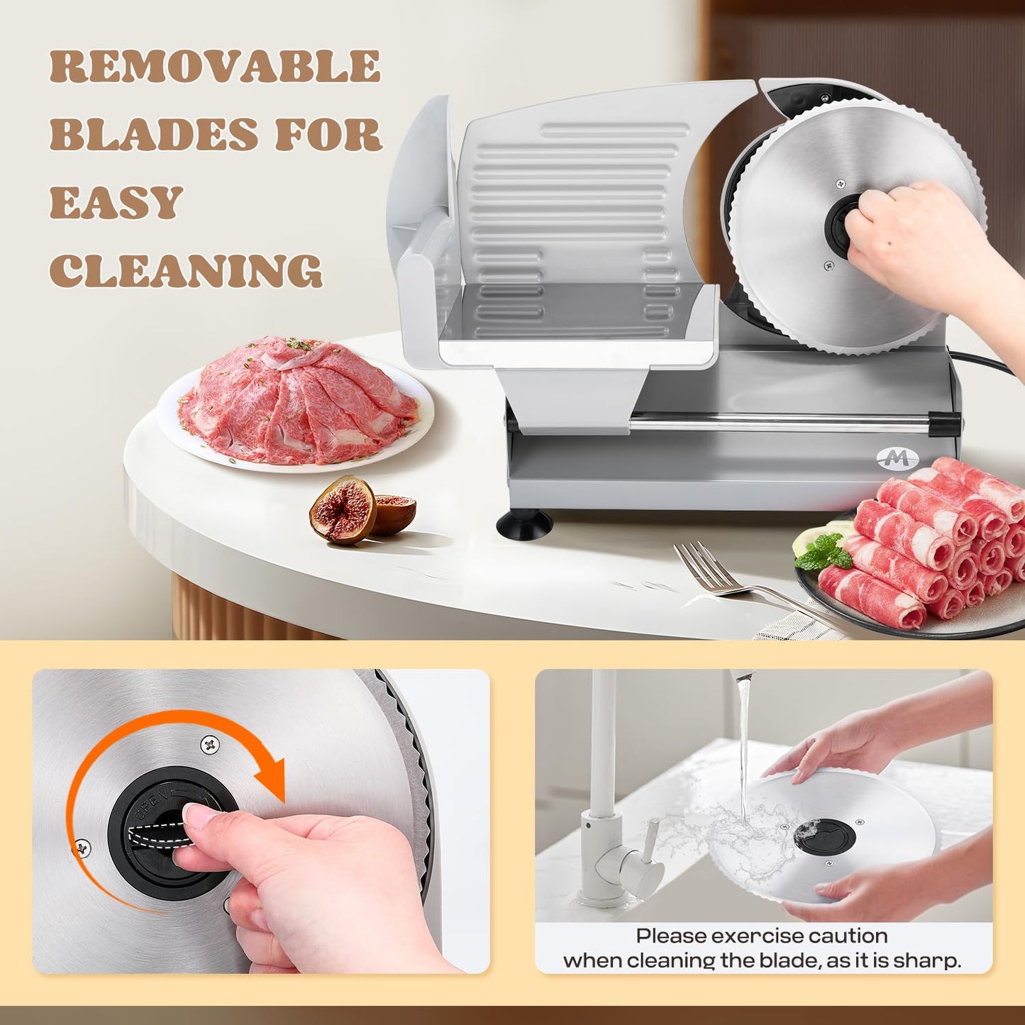 Moongiantgo Electric Meat Slicer 200W With 2 Removable 7.5’’ Stainless Steel Blades, 0-15MM Adjustable Thickness for Home Use, Child Lock Protection, Meat Cheese Bread Deli Food Slicer Machine, 110V