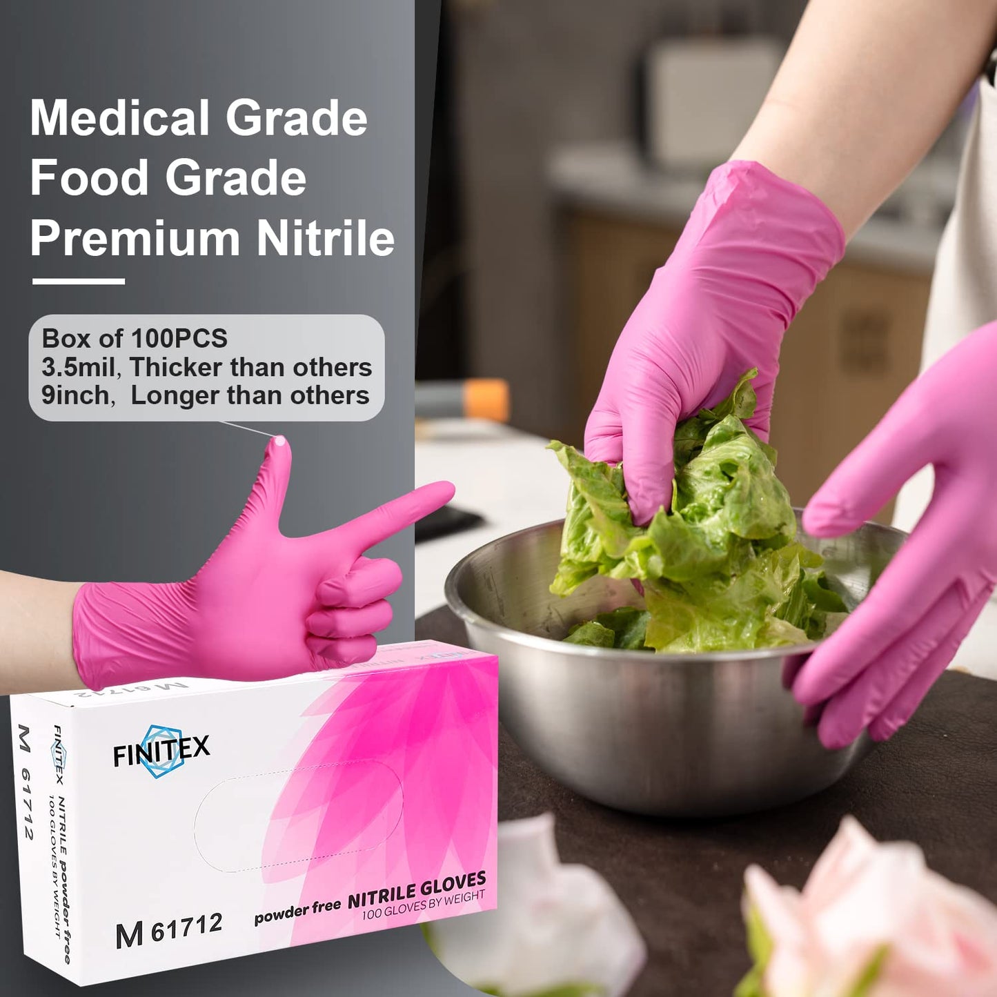 FINITEX Nitrile Disposable Latex-Free Gloves - 3.5mil 100PCS/Box 9inch Long Powder-Free Guantes de Nitrilo Cleaning Medical Exam Food Cooking Glove (100, Medium)