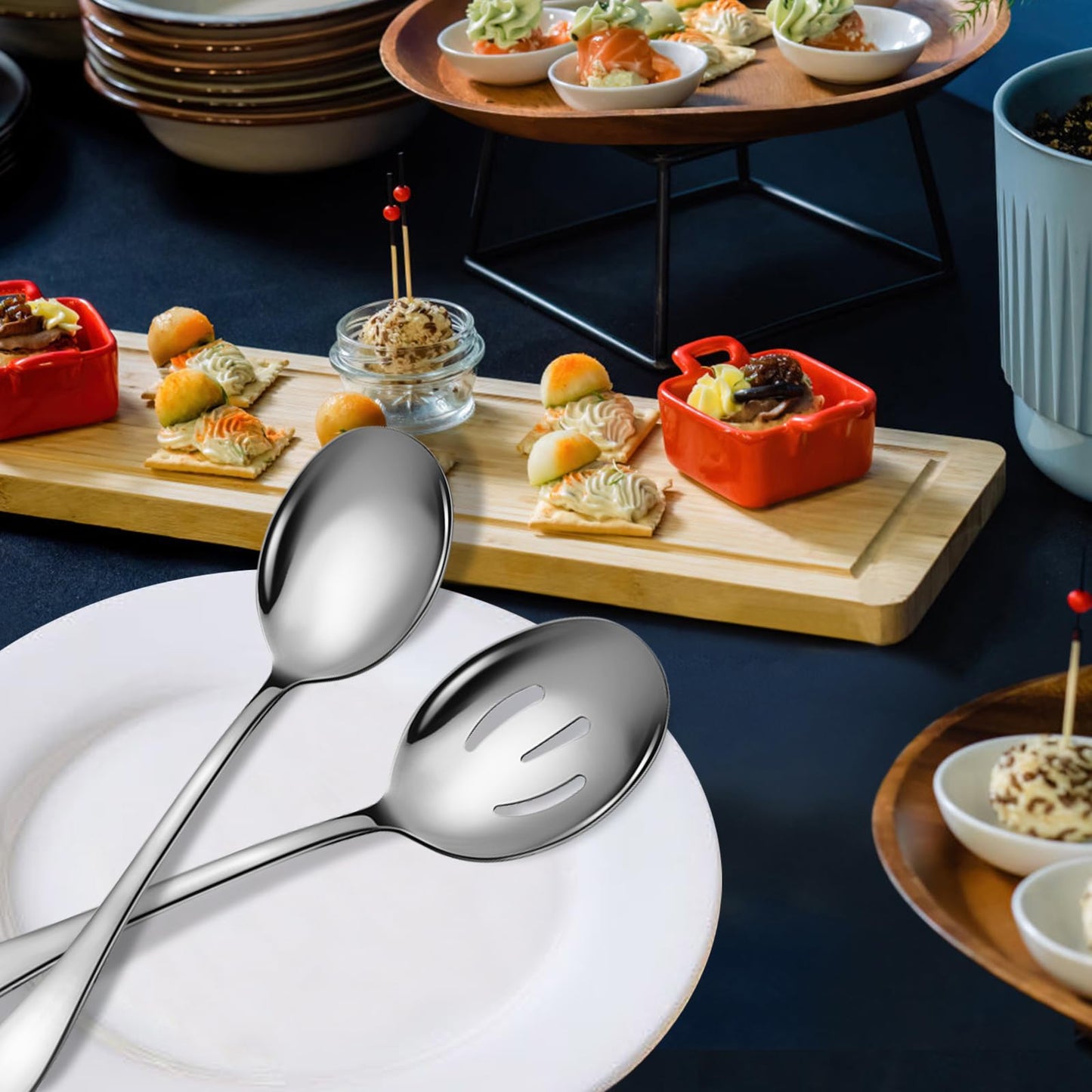 Keyoxy Stainless Steel Serving Spoons Set, 6pc, 10-Inch, Includes 3 Large, 3 Slotted, for Parties/Kitchen/Buffet/Catering, Dishwasher Safe
