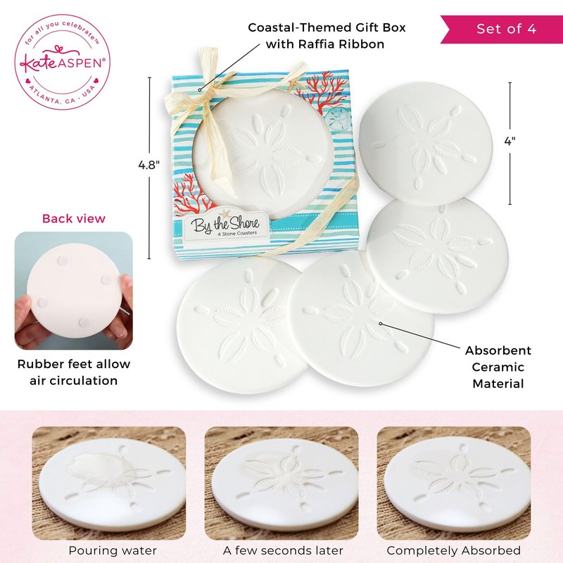 Kate Aspen Absorbent Sand Dollar Drink Coasters Set of 4– Coastal Decor, Nautical Home Decorations, Housewarming Gift, & Beach Themed Coasters for Drinks