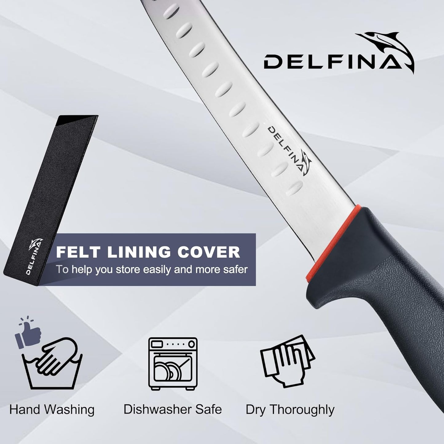 DELFINA Curved Breaking Knife 8 inch with Sheath & SoftGrip Handle, Butcher Knife for Meat Cutting, High Carbon
