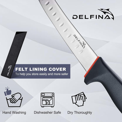 DELFINA Curved Breaking Knife 8 inch with Sheath & SoftGrip Handle, Butcher Knife for Meat Cutting, High Carbon