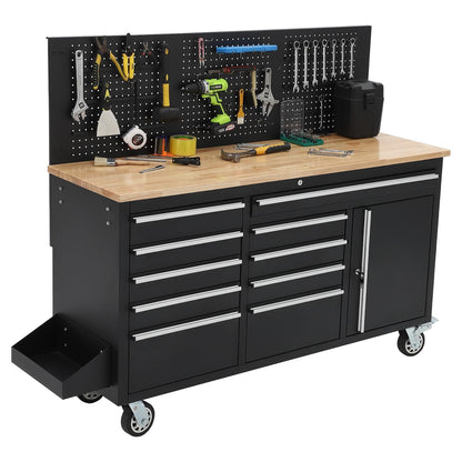 61" Rolling Tool Chest Workbench with 10-Drawers & Solid Rubber Wood Top, Mobile Heavy Duty Tool Storage Cabinet with Lock, Casters, Drawer Liner & 1675 LBS Load Capacity, Includes Power Strip