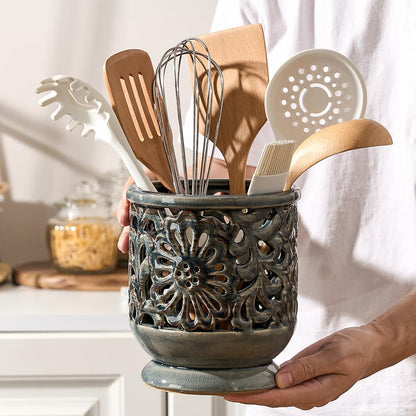 JH JIEMEI HOME Farmhouse Kitchen Utensil Holder for Countertop, Ceramic Large Cooking Utensil Crock with Cork Mat, Decorative Rustic Utensil Holder for Kitchen Counter, Hollow Carving Flower, Gray