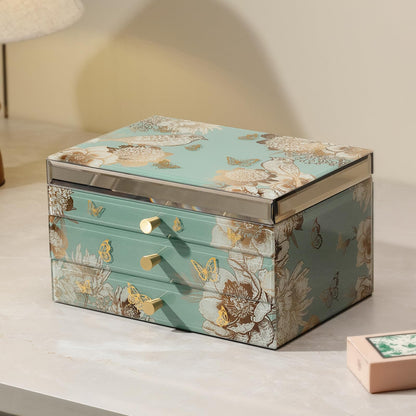 Homruilink High End Glass Jewelry Box, 3 Layer Jewelry Organizer, Velvet-Lined Case For Ring, Necklace, Earring, Bracelet Storage, Ideal Gift (Bird & Floral)