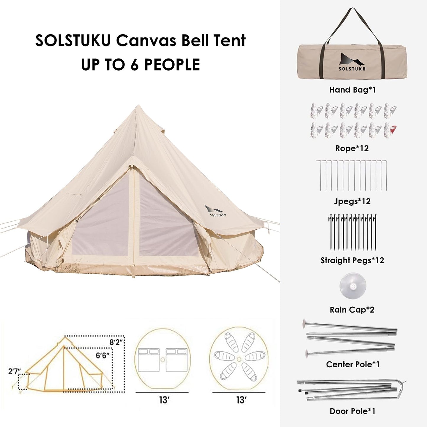 SOLSTUKU SOLSTUKUCanvas Tent Bell, Yurt 4 Seasons for Camping with Stove Jack, Breathable Holds up to 6 People, Family Camping Outdoor Hunting Party