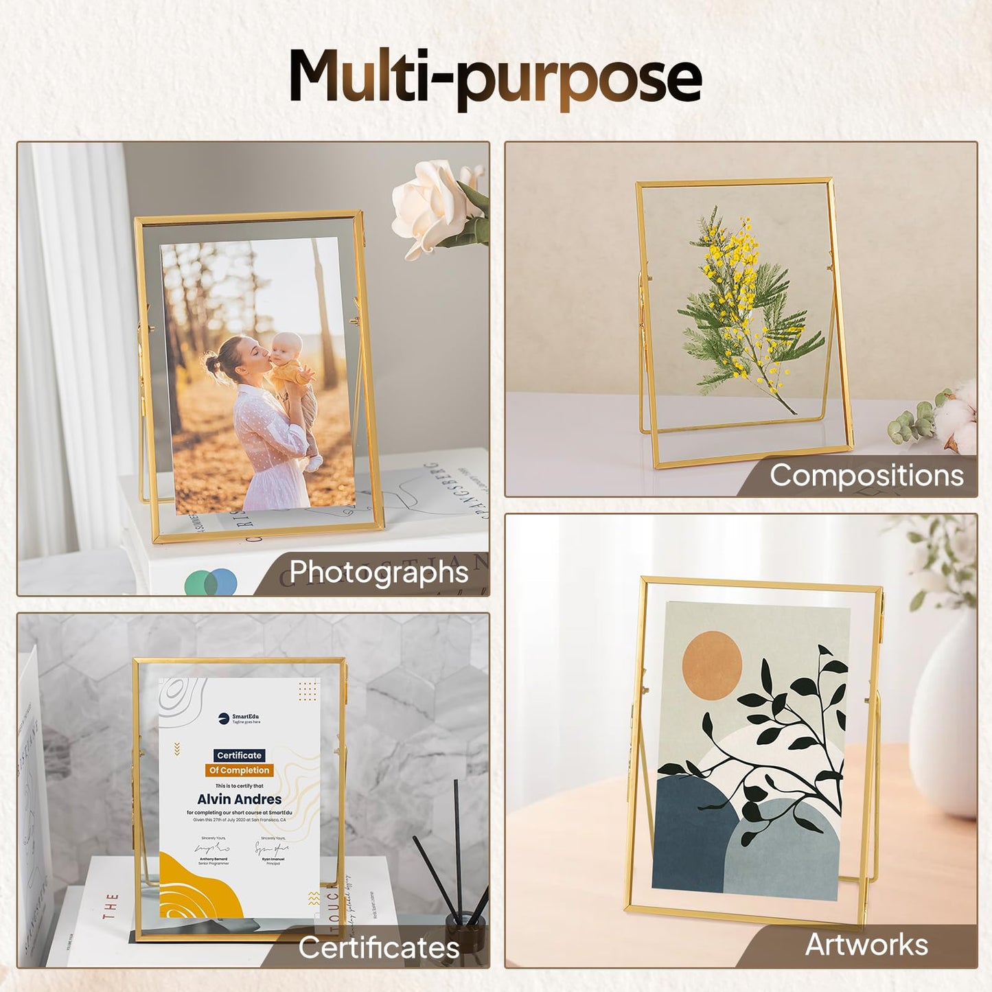 Jajamy Gold Floating Picture Frame Set of 2, Tempered Glass Floating Frames 5x7, Gold Picture Frame for Multi Size Photo 4 x 6, 3 x 5 for Tabletop Display