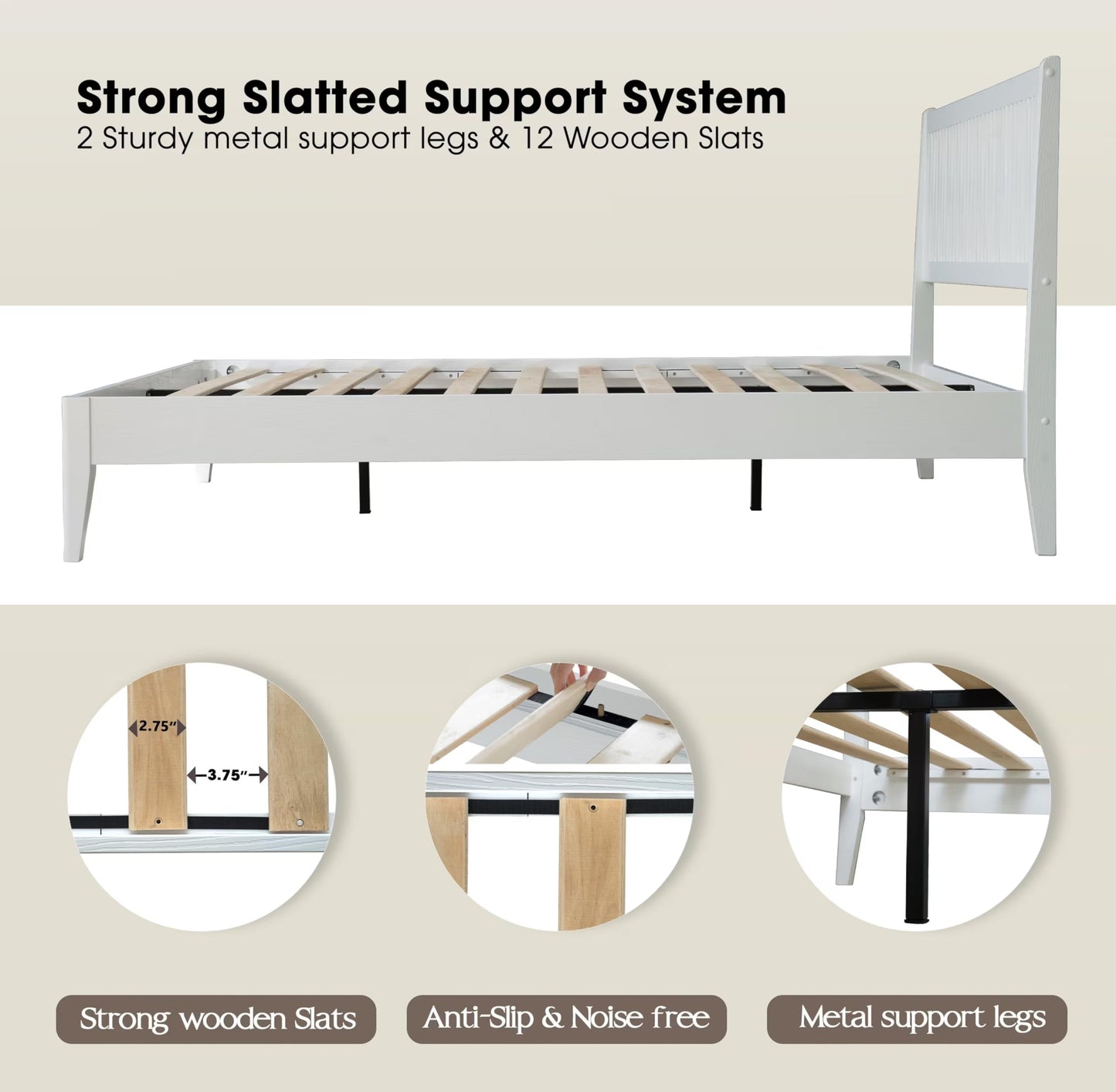 Queen Size Solid Wood Platform Bed Frame with Headboard and Footboard, Noise-Free & Anti-Slip Design, Center Metal Legs, 12 Heavy-Duty Slats, No Box Spring Needed, Pure White Finish, OLQ-39