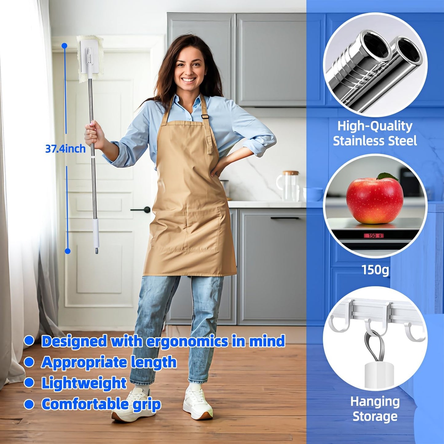 Press Grip Mini Mop, Zero-Touch Gap Dust Cleaner with 39in Lazy Mop & Hands-Free Lock Head, Disposable Dust Mop for House Wall Bathroom Toilet Corners Multi Surface Cleaning with 5 Cloths