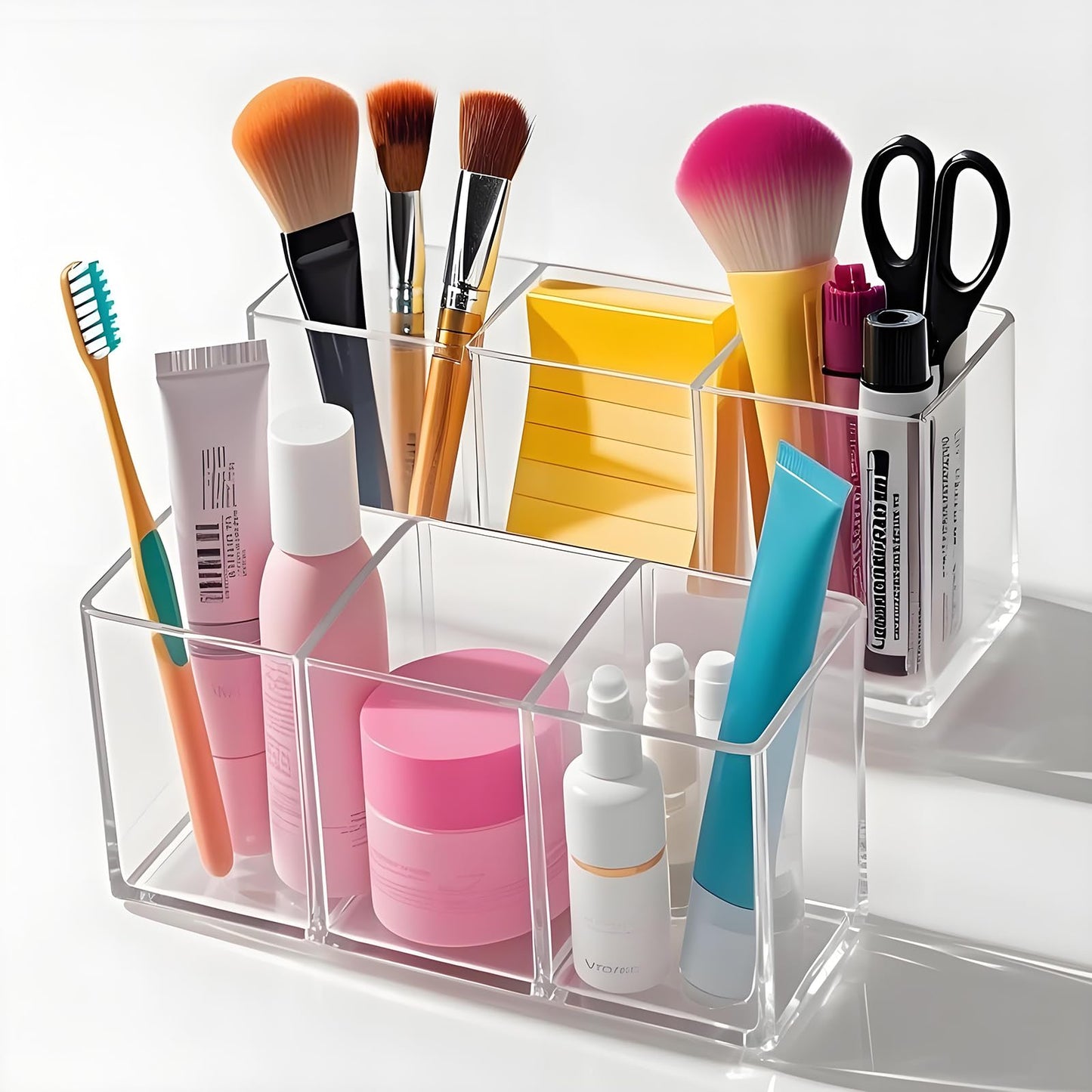 eieioo Acrylic Makeup Brush Holder, 2 Pack Clear Pencil Holder, Desk Accessories Holder with 3 Compartments, Brush Organizer for Vanity, Desk, Cosmetic Display