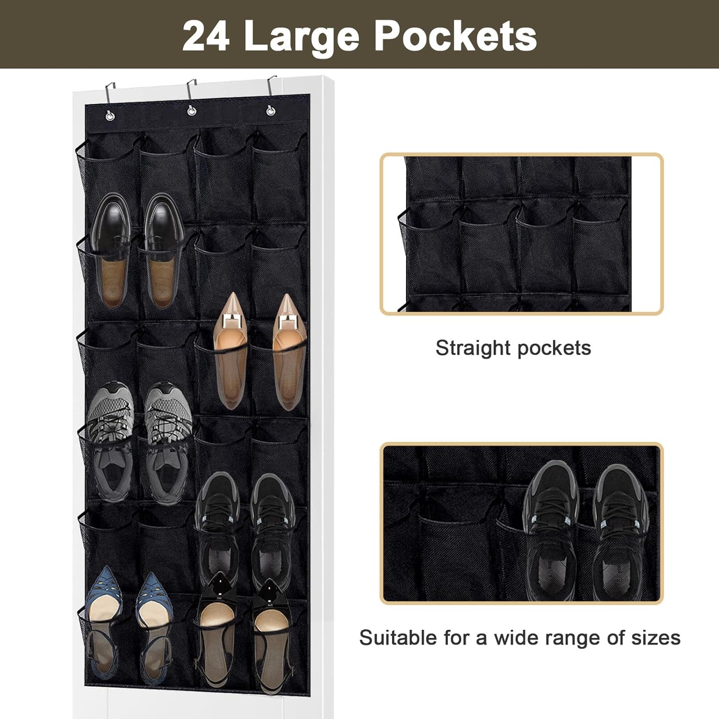 Over the Door Shoe Organizer - Black Mesh Organizer with 24 Pockets and Hooks for Space Saving Shoe Storage