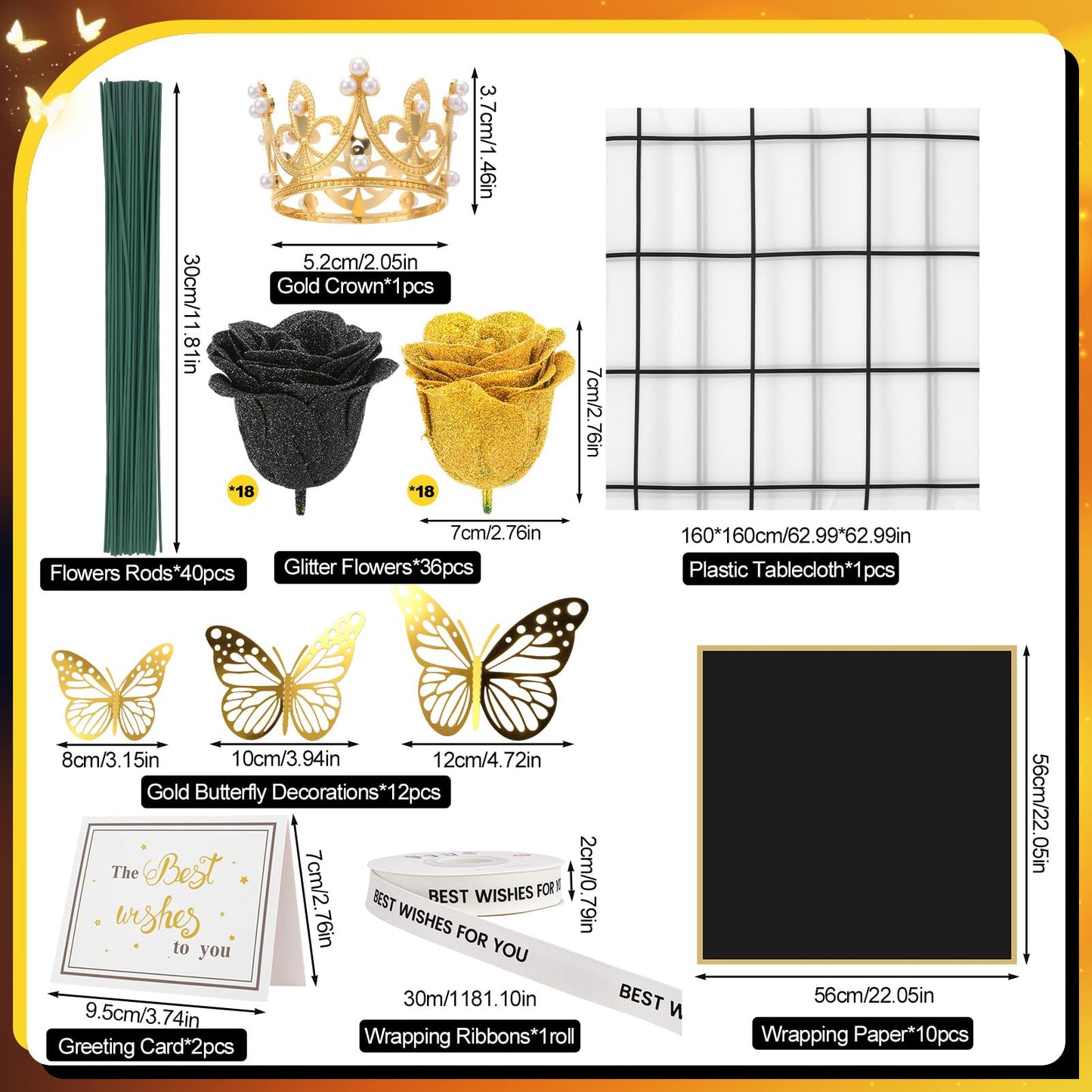 Ovveroche 36 PCS Glitter Roses Bouquet Kit, Black, Gold Sparkling Flower Arrangement with Stems, Butterflies, Crown, Wrapping Paper, Card, Ribbon for Wedding, Graduate, Birthday, DIY Crafts