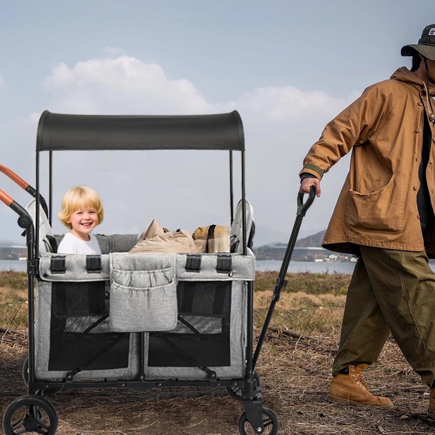 Wagon Stroller for 2 Kids, Foldable All-Terrain Wagon for Kids with Canopy, Adjustable Push and Pull Handles,Convertible High Seat & Organizer, 5 Point Harness (Gray)