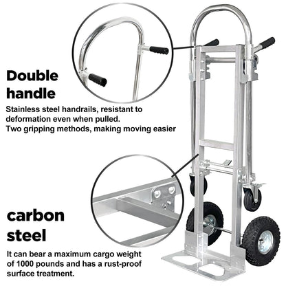 Suzhi Convertible Hand Truck Dolly Cart with Wheels Heavy Duty/with 4 Wheels&Brakes /1000Lbs Load, 2 Straps for Furniture/Appliance/Carton/Warehouse/Office /10 Minutes to Install as Video