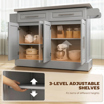 HOMCOM Rolling Kitchen Island Cart with 47" Stainless Steel Top, Portable Island Table for Kitchen with Wheels, Adjustable Shelves, 2 Drawers, Spice, Knife and Towel Rack, Gray