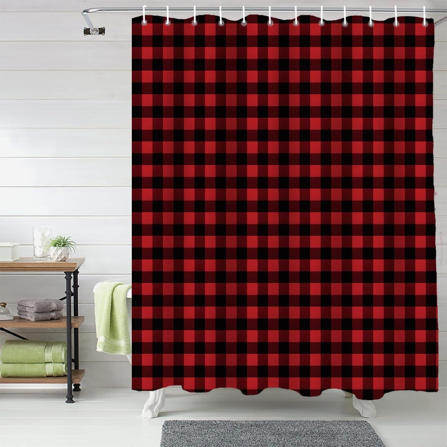 Vandarllin Fabric Shower Curtain, 48X72 Inch, Waterproof Washable Rustic Red Black Buffalo Check