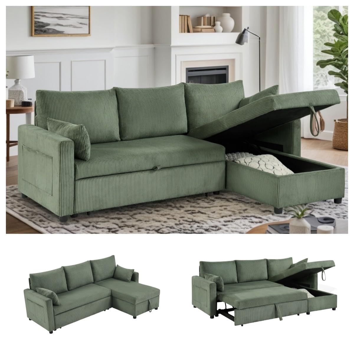 Trygoal Sectional Sleeper Sofa with Pull Out Bed, LShape Convertible Sofa Bed Couch with Storage Chaise, 3 in 1 Pull Out Sofa Bed with 3 Seats, for Living Room,Apartment, Green, 85Inch