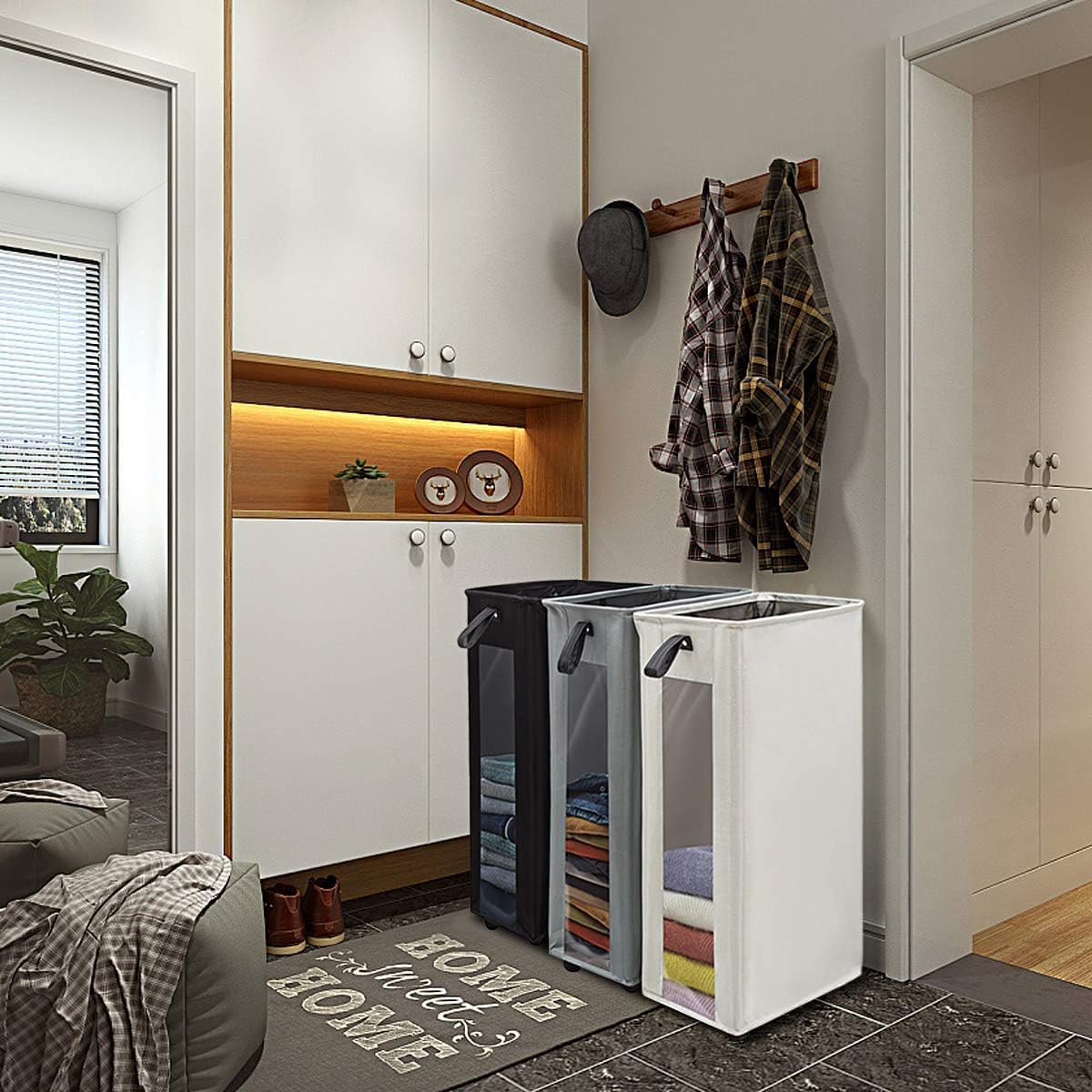 ZERO JET LAG 25 Inches Slim Laundry Storage Hamper - Large Rolling Clothes Bin with Clear Window