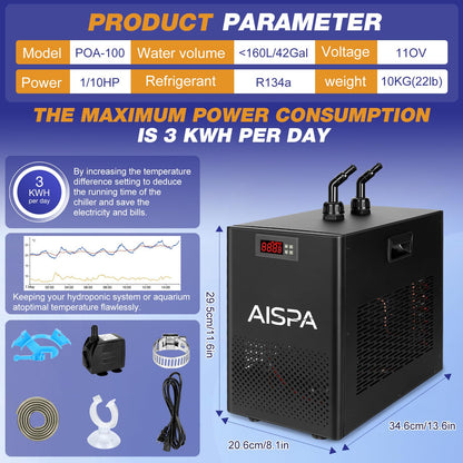 AISPA Aquarium Chiller 1/10 HP, 42GAL Fish Tank Water Chiller