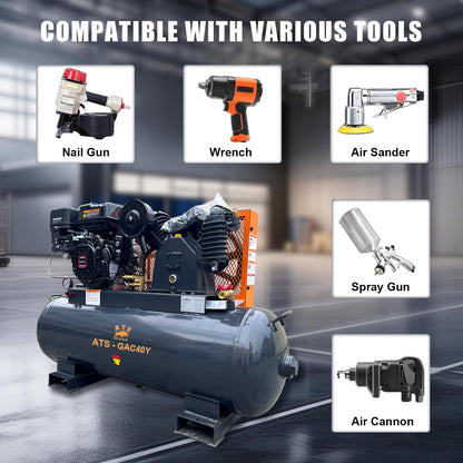 40 Gallon Air Compressor - 15HP 420cc Gasoline Engine, 175 psi Max Pressure, 24 CFM, 2 Stage Compression For Sandblasting, Impact Wrenches, Spray Guns