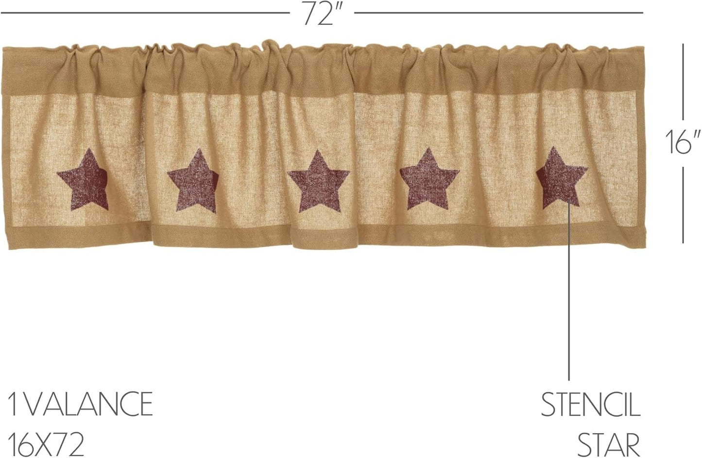 Burlap Natural with Burgundy Stars Primitive 16"x72" Valance, Stenciled Cotton Kitchen Window Curtains