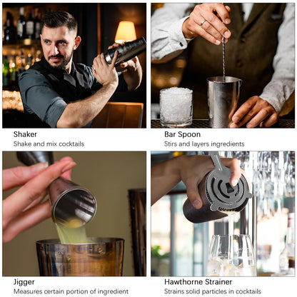 Professional Cocktail Shaker, Professional 5-Piece Bartender Kit with Boston Shaker, Hawthorne Strainer, Double Measuring Cocktail Jigger, and 10-inch Mixing Spoon, Stainless Steel Martini Shakers