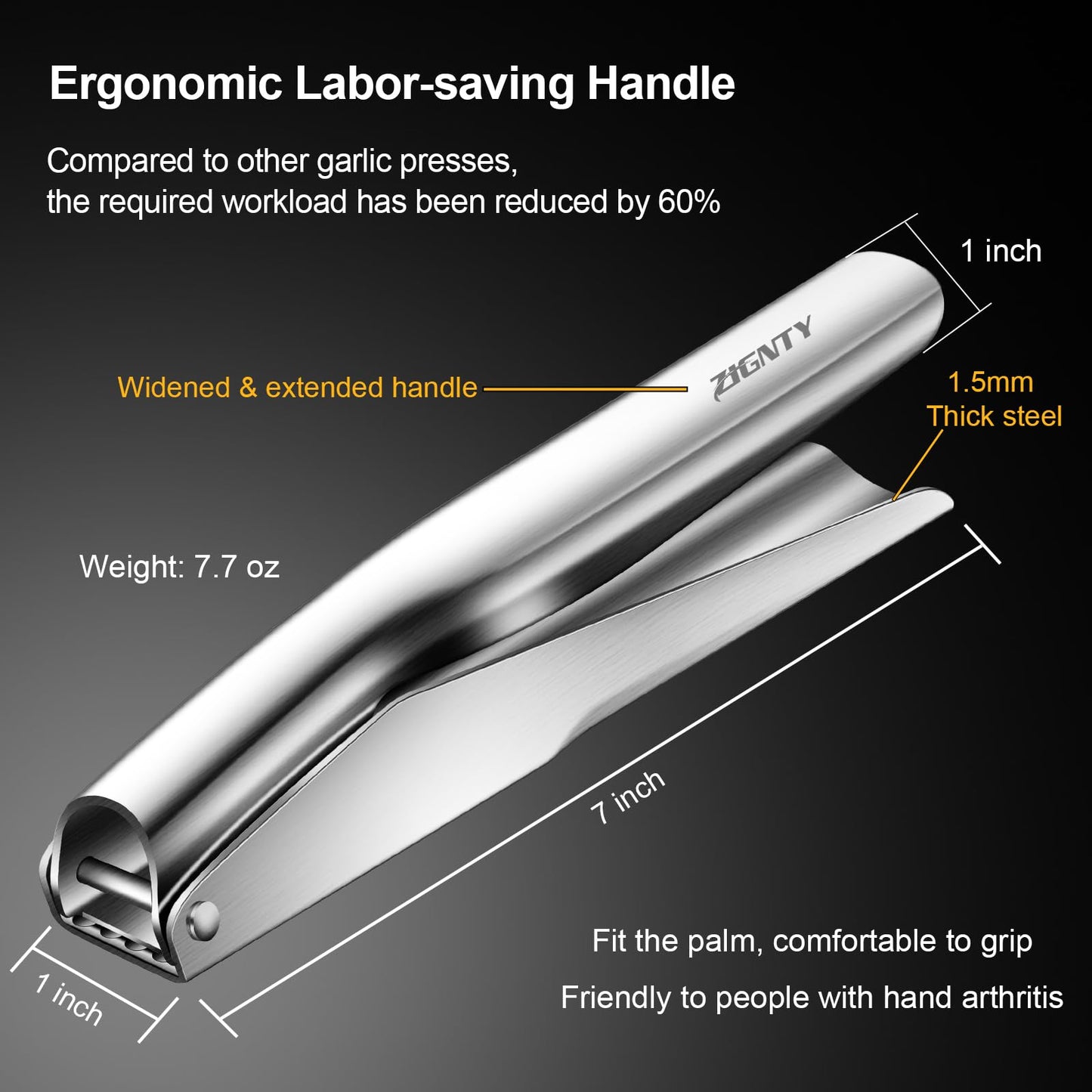 ZIGNTY Garlic Press Stainless Steel，Premium Garlic Mincer Tool，No Need to Peel Garlic Ginger Crusher & Masher Easy Squeeze Large Trough Ergonomic Handle，Rust Proof，Dishwasher Safe (5 Years Warranty)