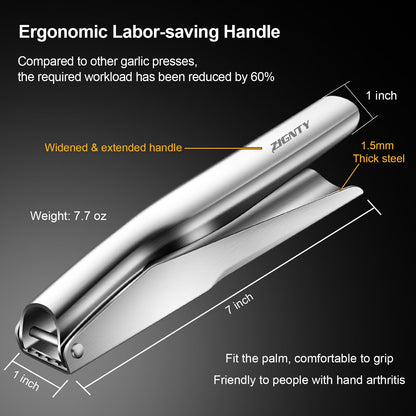 ZIGNTY Garlic Press Stainless Steel，Premium Garlic Mincer Tool，No Need to Peel Garlic Ginger Crusher & Masher Easy Squeeze Large Trough Ergonomic Handle，Rust Proof，Dishwasher Safe (5 Years Warranty)