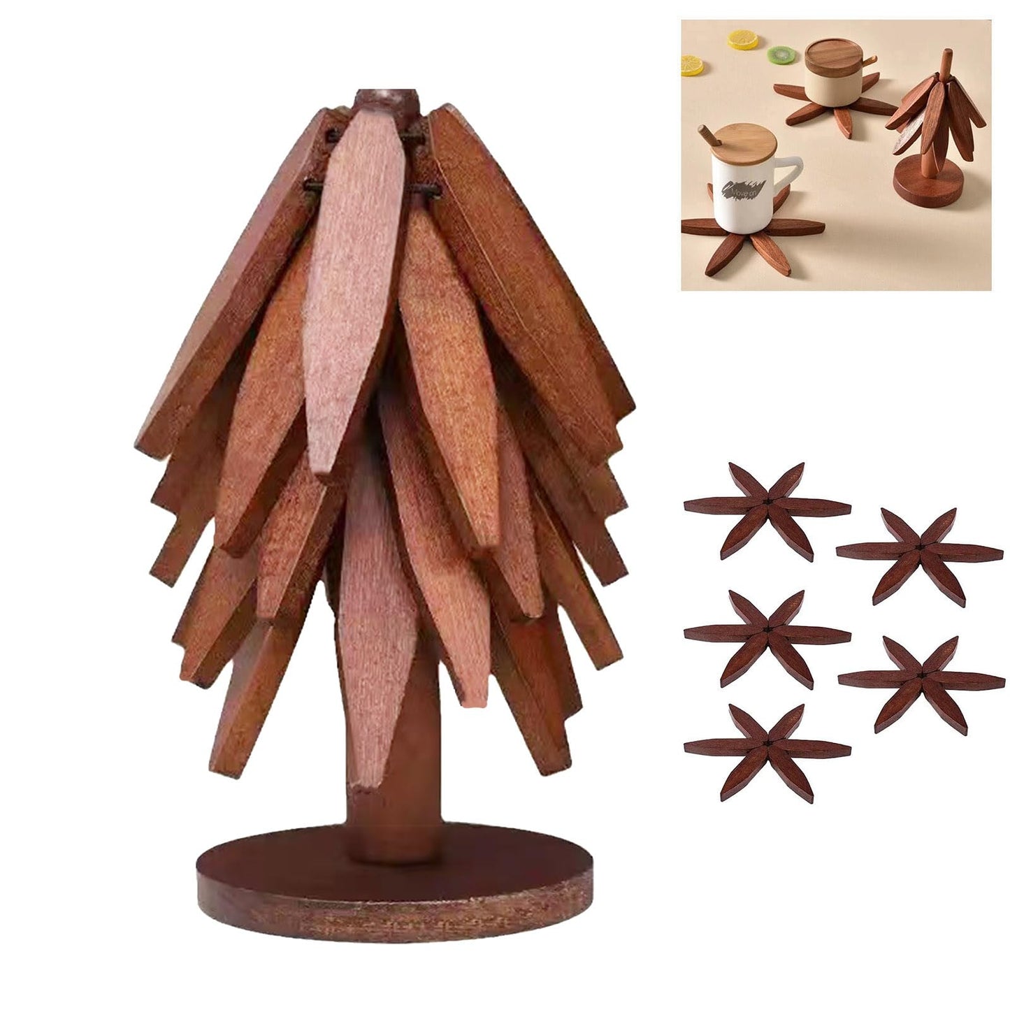 Walnut Tree Table Mat,Wooden Table Mat Tree,Foldable Trivets for Hot Dishes,Non-Slip Heat Insulated Folding Wood Table Plate Mat (Walnut)