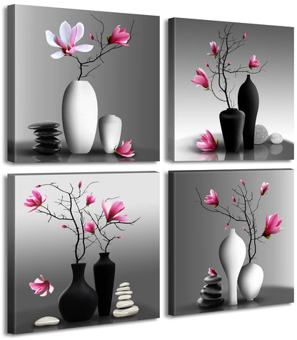 DJSYLIFE Modern Bathroom Pictures Wall Decor Zen Flowers Paintings Canvas Decorations Black and White Wall Art for Bedroom Living Room Home