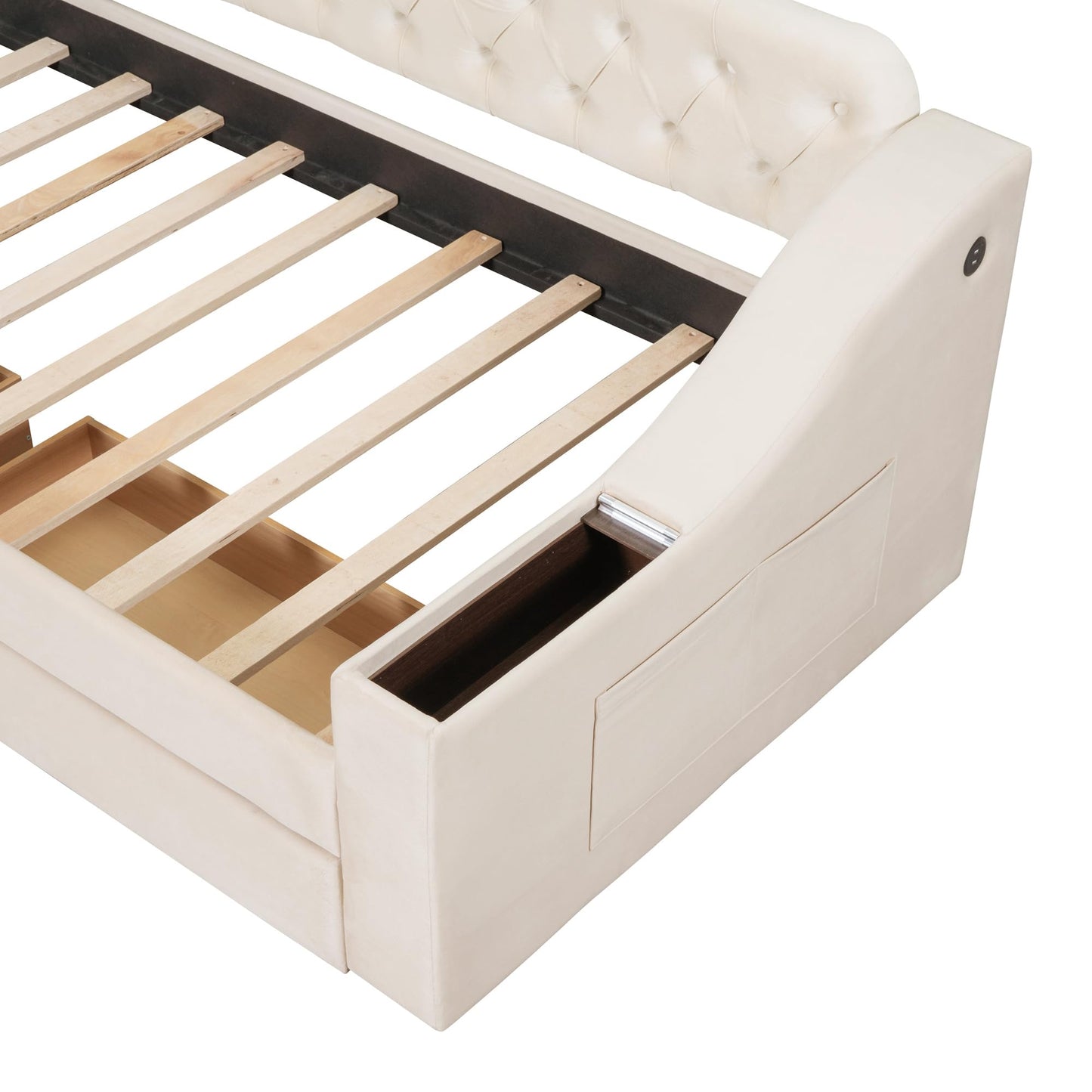 Merax Twin Size Upholstered Daybed with Storage Armrests, Wooden Sofa Bed Frame with 2 Drawers and USB Port, Beige