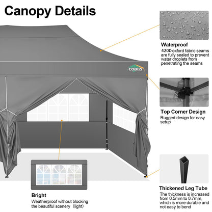 COBIZI 10x20 Pop up Canopy Tent 10x20 Canopy with 6 Sidewalls Waterproof Heavy Duty Commercial Tent for Parties Outdoor Garden Gazebo, Carry Bag with Wheel(10x20ft, Gray)