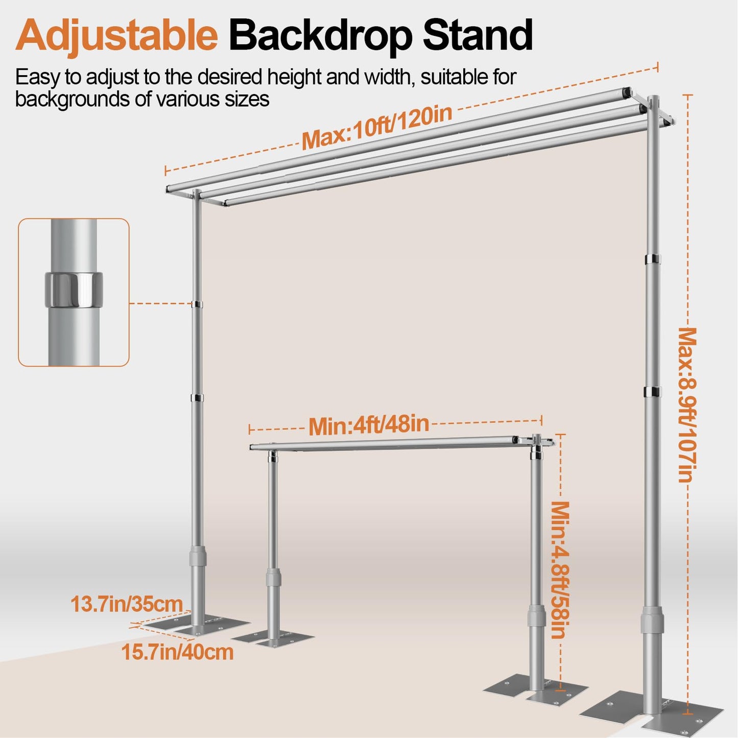 GLOSHOOTING Heavy Duty Backdrop Stand 8.9x10ft, Three Crossbar Pipe and Drape Backdrop Stand Kit, Adjustable Metal Frame, Background Stand Backdrop for Wedding Photography Birthday Party Decorations