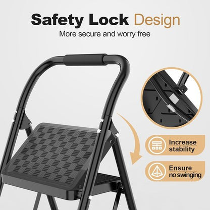 HBTower 3 Step Ladder - Ergonomic Folding Step Stool with Cushioned Handle & Wide Pedal | Black