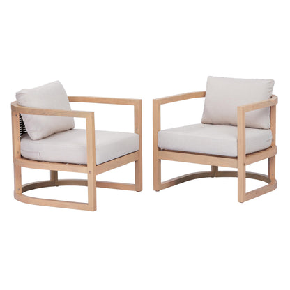 Merax Outdoor Acacia Wood Club Armchair wtih Coushions Set of 2, Patio Sofa Chair with Rattan-Woven Back, Sturdy Base for Porch, Lawn, Backyard, Balcony, Light Teak