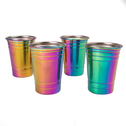 D'Eco Rainbow Stainless Steel Party Cups (4 Pack, 16 oz) - Reusable, Stackable, BPA-Free Metal Tumblers - Shatterproof Drinking Cups for Parties, Games, College, Entertaining, Outdoor & Everyday Use