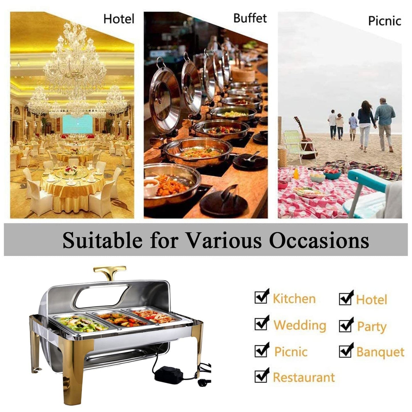 QUGURLID Electric Chafing Dish Buffet Warmers with Rolling Top - Food Warmers Buffet Server with Glass Lids, Catering Chafer Warmers for Parties and Family (Full Pan 9L)