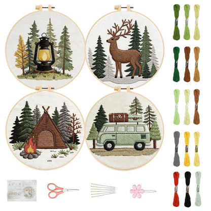 FREEBLOSS 4 Sets Embroidery Kit for Beginners Needlepoint Embroidery Starter Kit with Camping Stamped Patterns, Instructions, Colored Threads, 2 Hoops 20cm/7.9inch