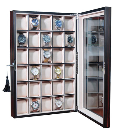 TIMELYBUYS 30 Piece Ebony Wood Watch Display Wall Hanging Case and Storage Organizer Box and Stand Father's Day Gift