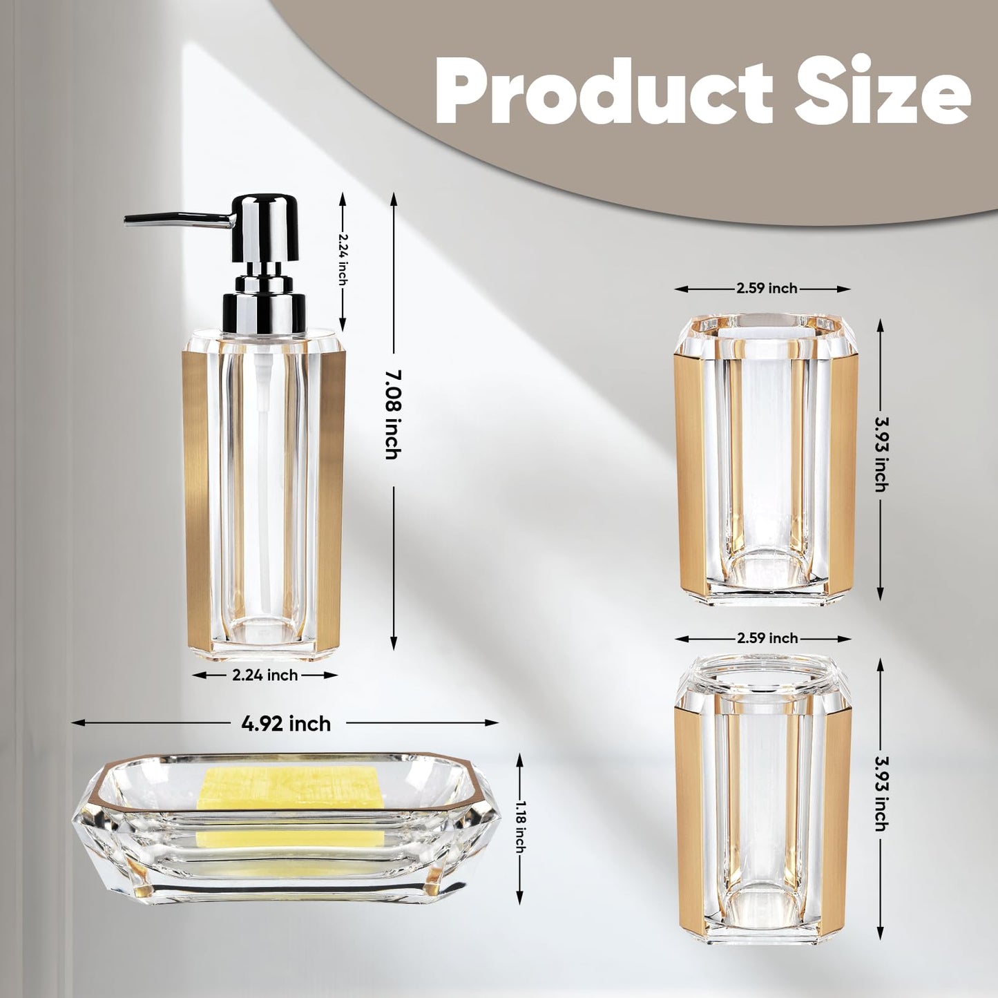 LGURT 4-Piece Gold Bathroom Accessories Set — Soap Dispenser, Soap Dish, Mouthwash Cup & Toothbrush Holder, Acrylic with Brushed Gold Accent, Luxury Bathroom Vanity Countertop Organizer for Home