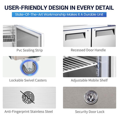 kalifon 60" W 2 Door Refrigerator Sandwich Salad Prep Table Commercial Stainless Steel Fan Cooling Refrigerator with Cutting Board, 2 Shelves & 24 Pans for Restaurant, Bar, Shop-16.4 Cu.ft
