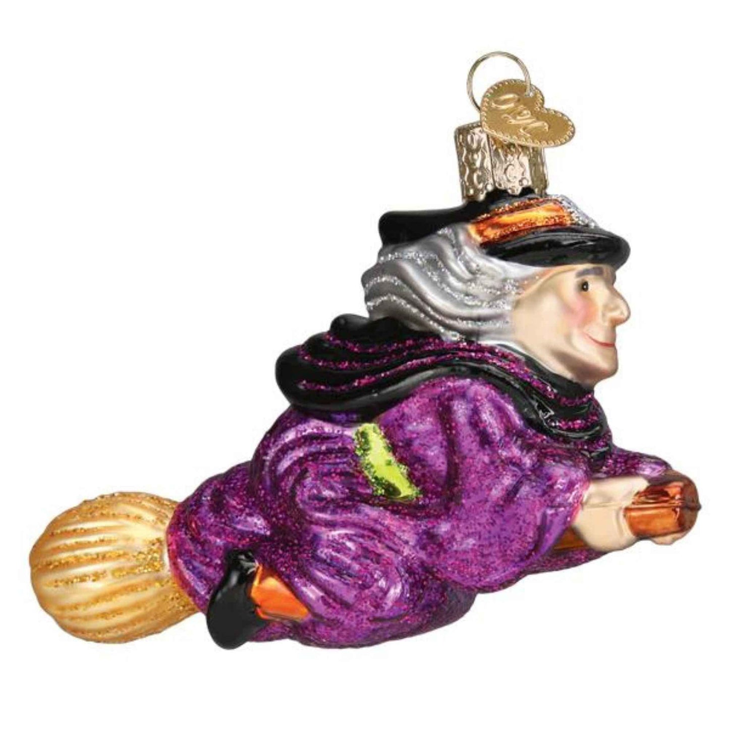 Old World Christmas Witch on Broomstick Glass Blown Ornament for Christmas Tree, Handcrafted Holiday Decoration, Halloween Collection