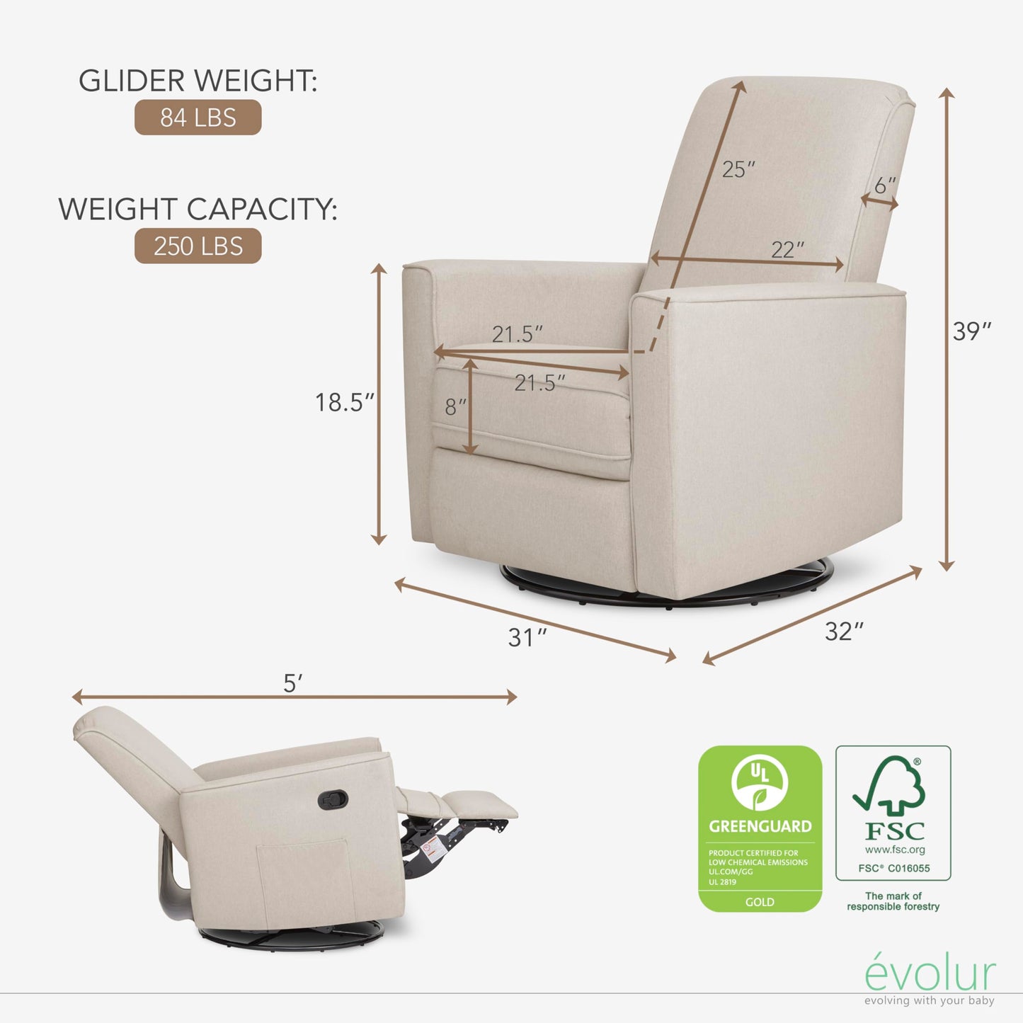 Evolur Raleigh Upholstered Manual Glider Recliner– Rocking & 360° Swivel with Smooth Glide – Greenguard Gold & FSC Certified – Modern Nursery and Living Room Chair in Light Sand