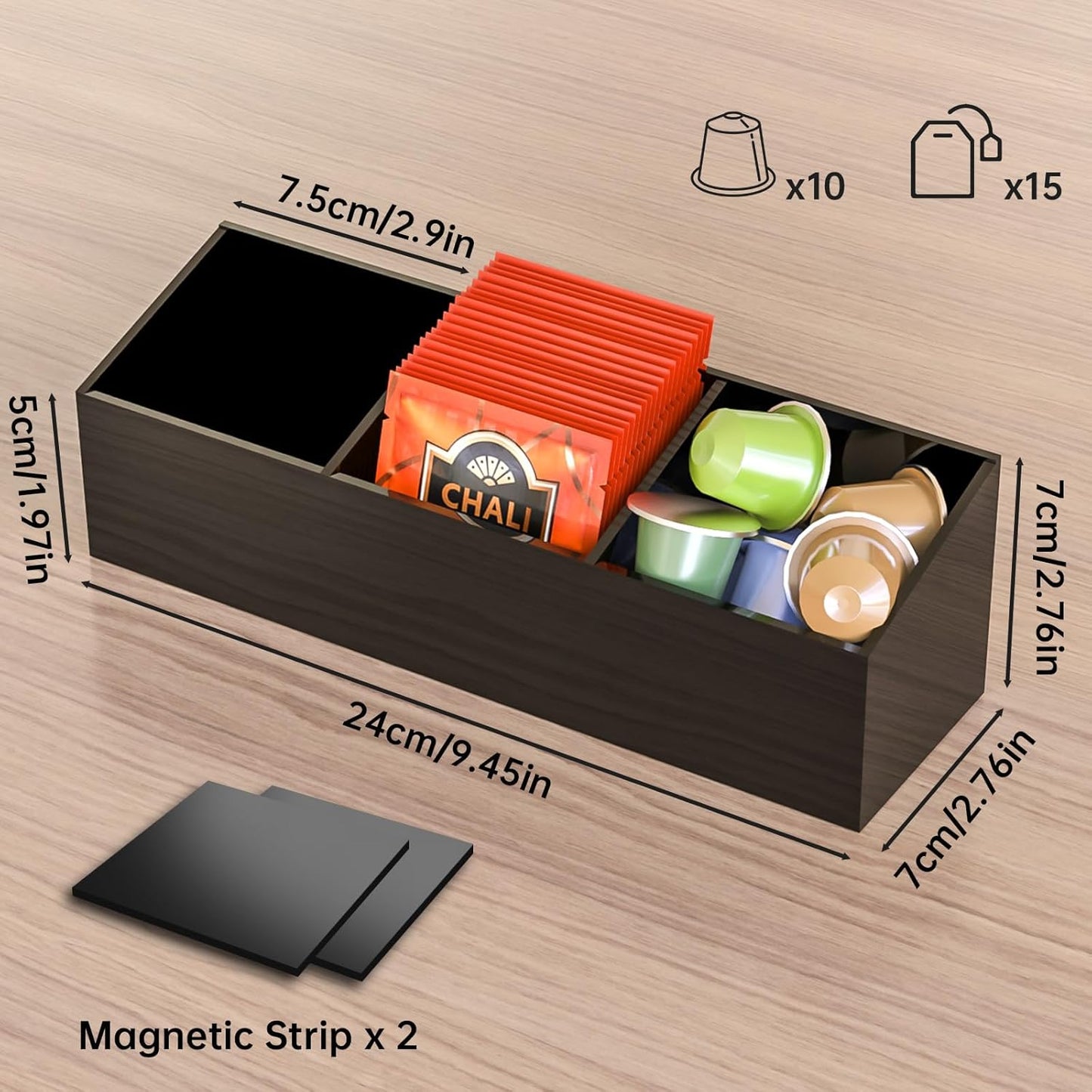 NiHome Magnetic Three-Compartment Acrylic Tea Bag Organizer, Durable Storage Solution for Tea Bags (Black)