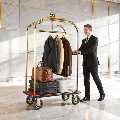 VEVOR Hotel Luggage Cart, 1200 lbs Heavy Duty Bellman Cart with Stainless Steel Frame, 8 in Rubber Wheels, Red Carpeted Deck, Commercial Luggage Carrier Rolling Trolley for Hotels, Resorts, Gold