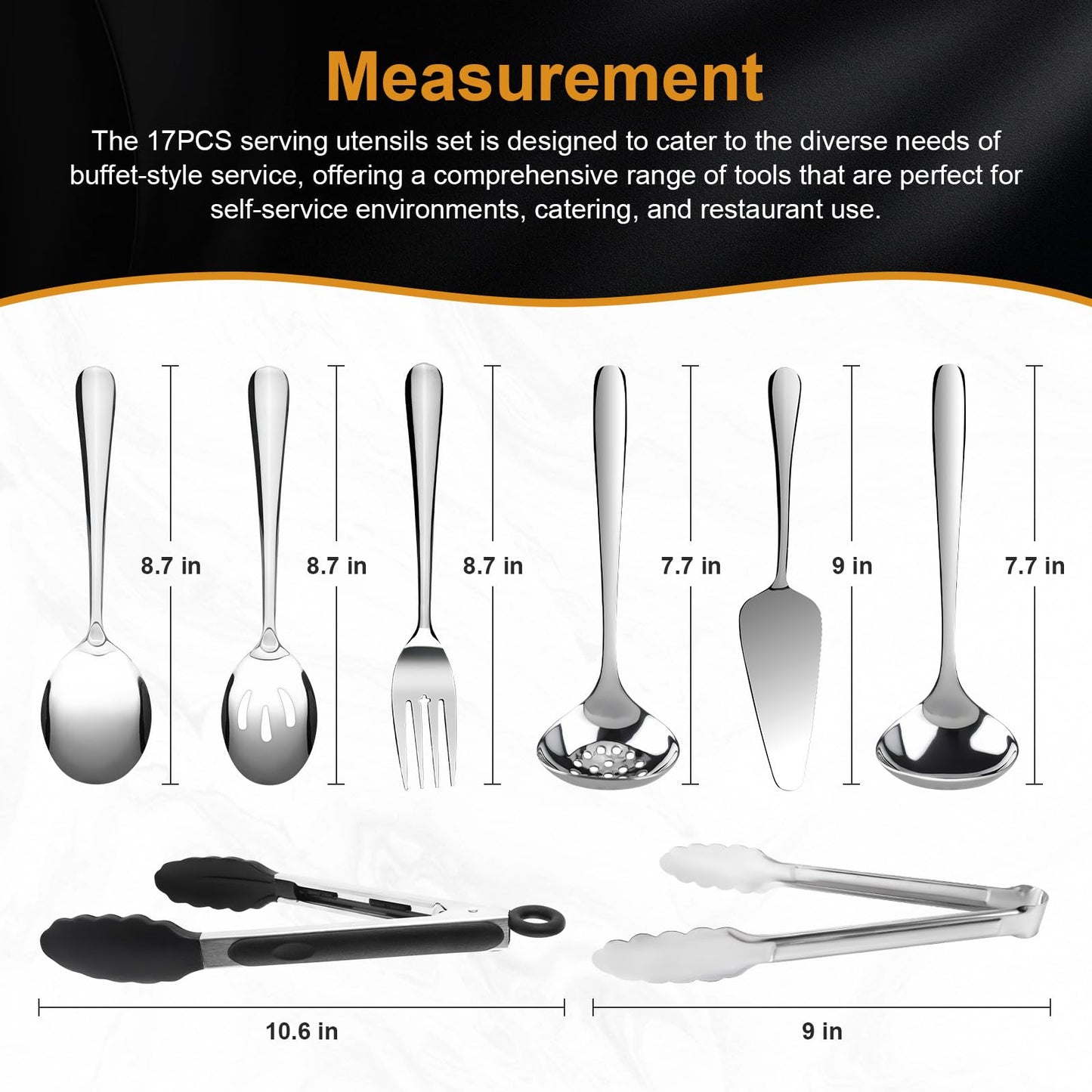 17PCS Serving Utensils Set Flatware, Stainless Steel Serveware Large Serving Spoons, Slotted Spoons, Forks, Tongs, Cake Server,Soup and Skimmer Spoon for Buffet, Catering, Party, Dinner (Silver)