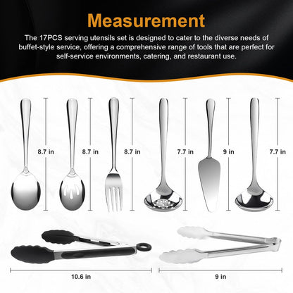 17PCS Serving Utensils Set Flatware, Stainless Steel Serveware Large Serving Spoons, Slotted Spoons, Forks, Tongs, Cake Server,Soup and Skimmer Spoon for Buffet, Catering, Party, Dinner (Silver)