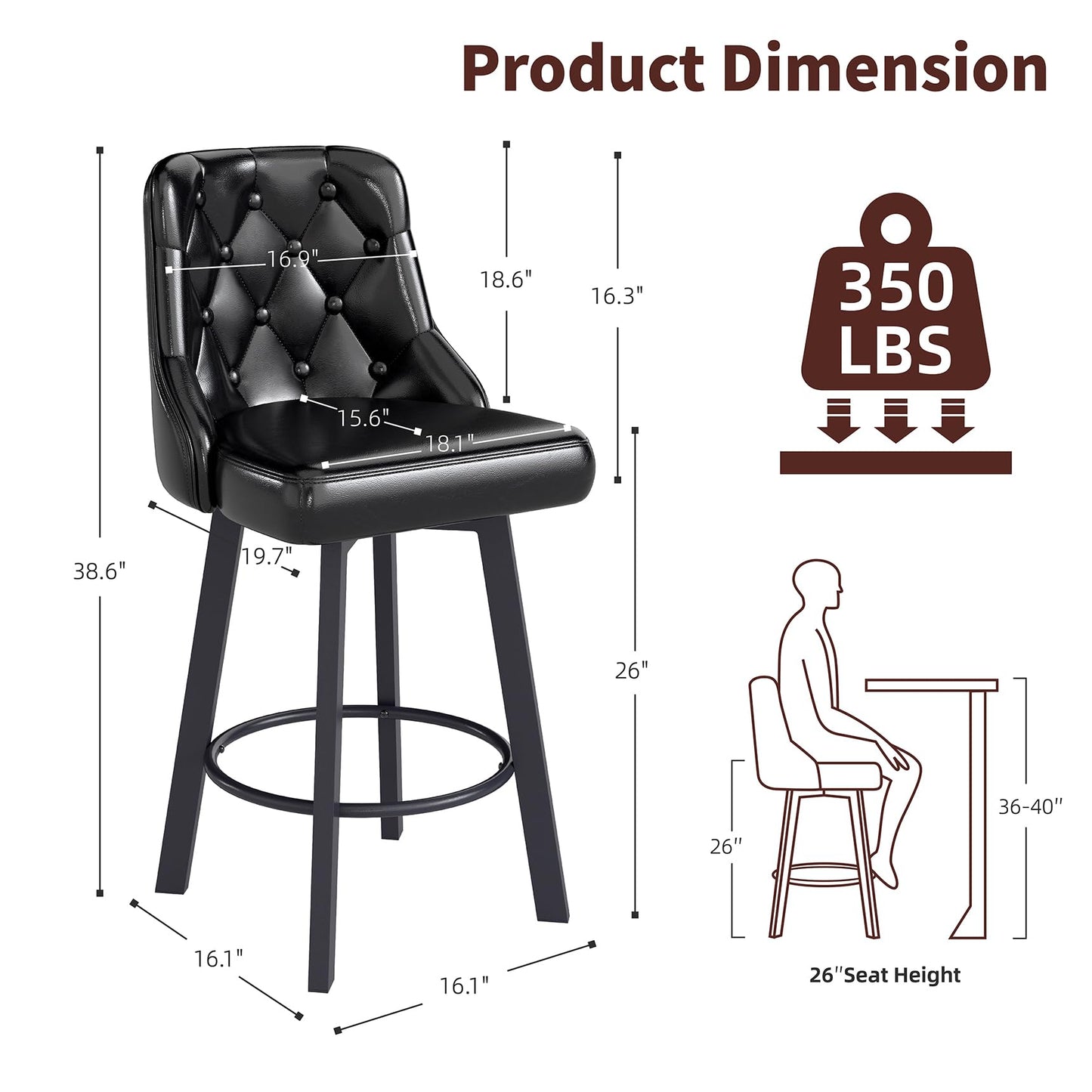 Youhauchair Bar Stools Set of 3, 26" Tufted Modern Counter Height Barstools with Back & Footrest & Metal Leg, Faux Leather Upholstered Bar Chair for Kitchen Island, Dining Room, Pub, Cafe, Black