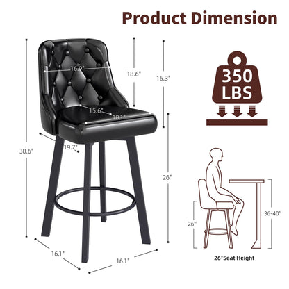 Youhauchair Bar Stools Set of 3, 26" Tufted Modern Counter Height Barstools with Back & Footrest & Metal Leg, Faux Leather Upholstered Bar Chair for Kitchen Island, Dining Room, Pub, Cafe, Black